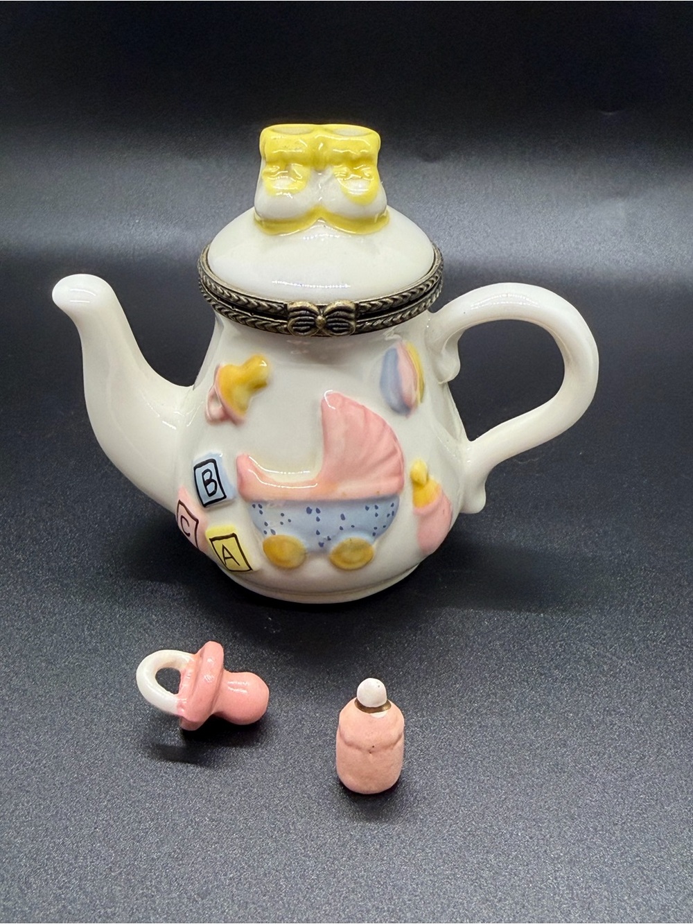 Rare Baby Girl Baby Boy Teapot Trinket Box With Pacifier And Baby Bottle Trinket